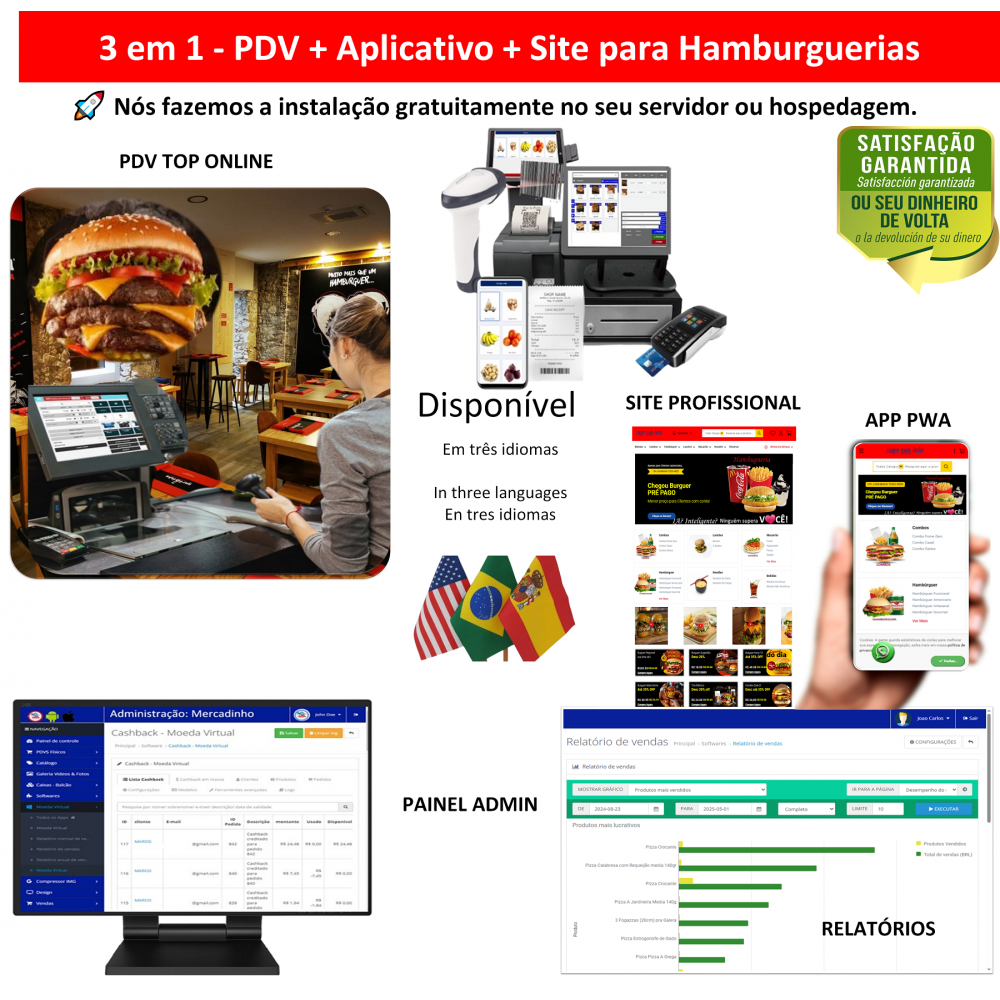 Hamburguerias 3 em 1 - PDV + APP + Site - Sistema de vendas com PDV, Aplicativo e Site profissional