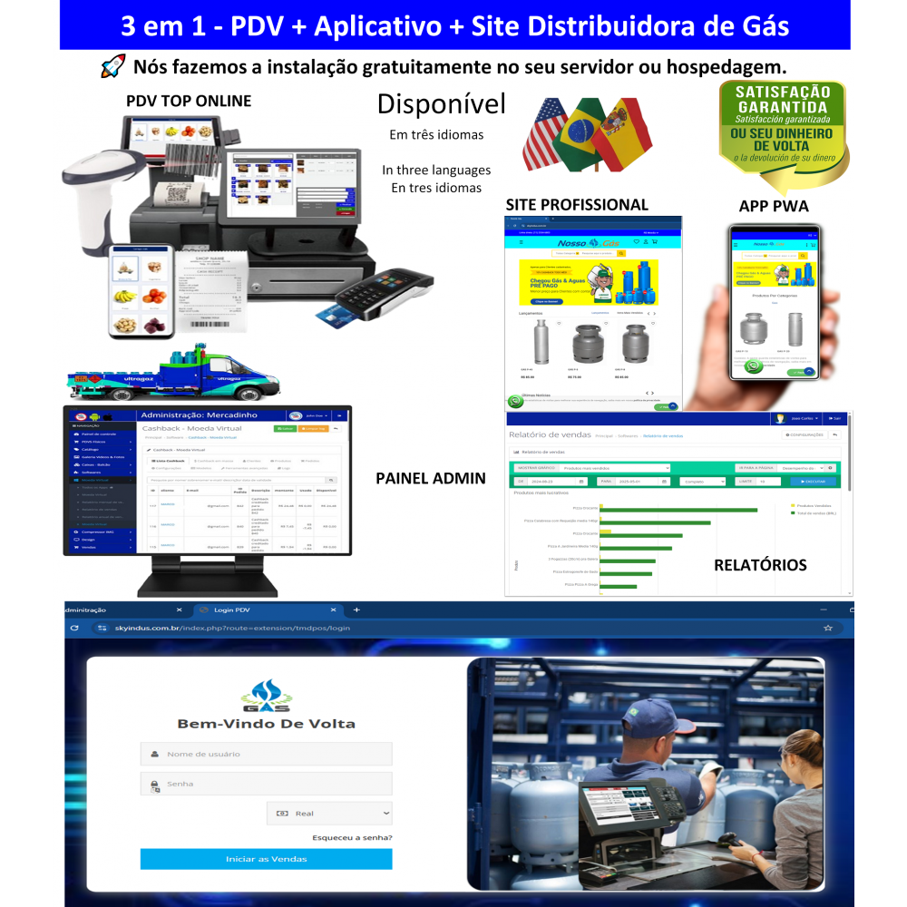 Distribuidora de Gás 3 em 1 - PDV + APP + Site - Sistema de vendas com PDV, Aplicativo e Site profissional
