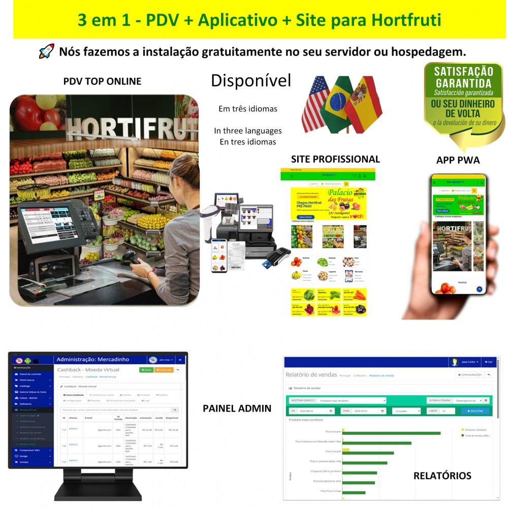 Hortifruti Sacolão 3 em 1 - PDV + APP + Site - Sistema de vendas com PDV, Aplicativo e Site profissional