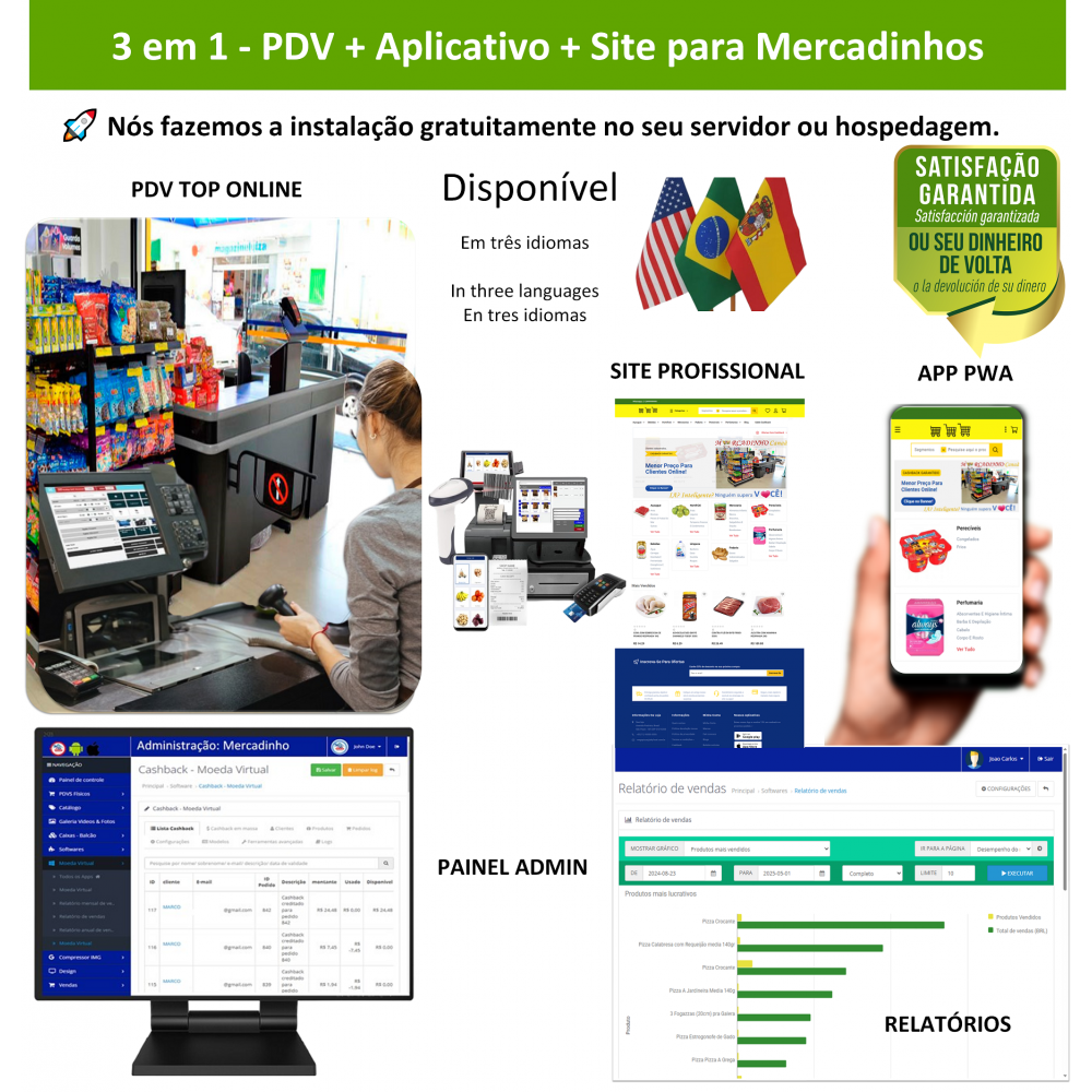 Mercadinhos 3 em 1 - PDV + APP + Site - Sistema de vendas com PDV, Aplicativo e Site profissional