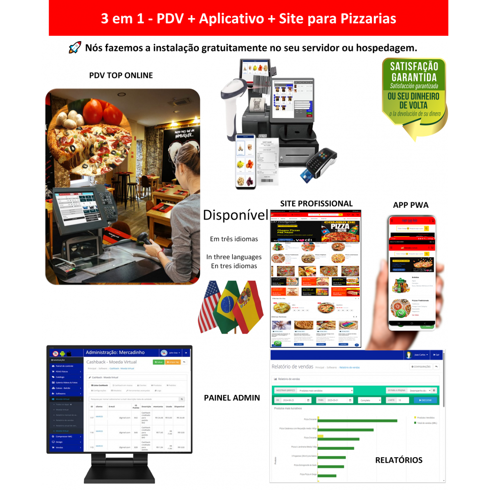 Pizzarias 3 em 1 - PDV + APP + Site - Sistema de vendas com PDV, Aplicativo e Site profissional